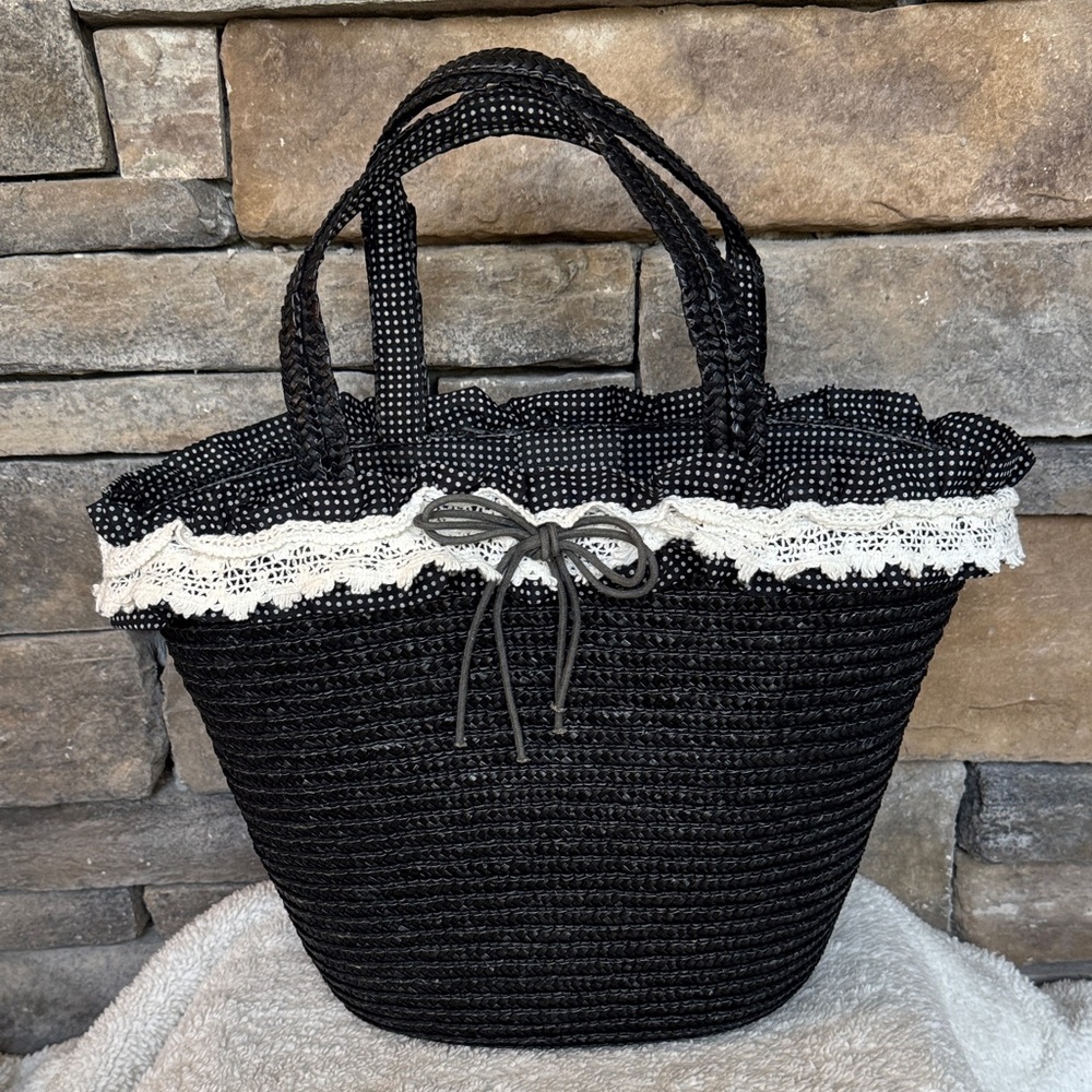 Black Woven Tote Bag with Lace and Polka Dot Interior